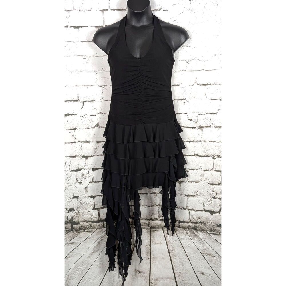 VINTAGE BETSY & ADAM Black Tiered Cha-cha Halter Dress USA Disco Whimsygoth 12